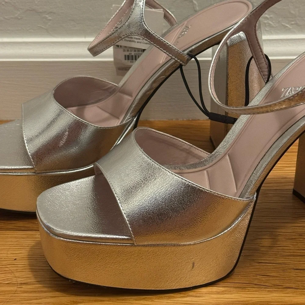 ZARA Silver Platform Heels Shoes Party‎ Vacation Wedding Dance Size 10 41 Shiny